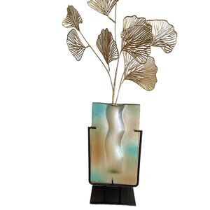 Modern Abstract Glass Art Vase with Black Metal Stand